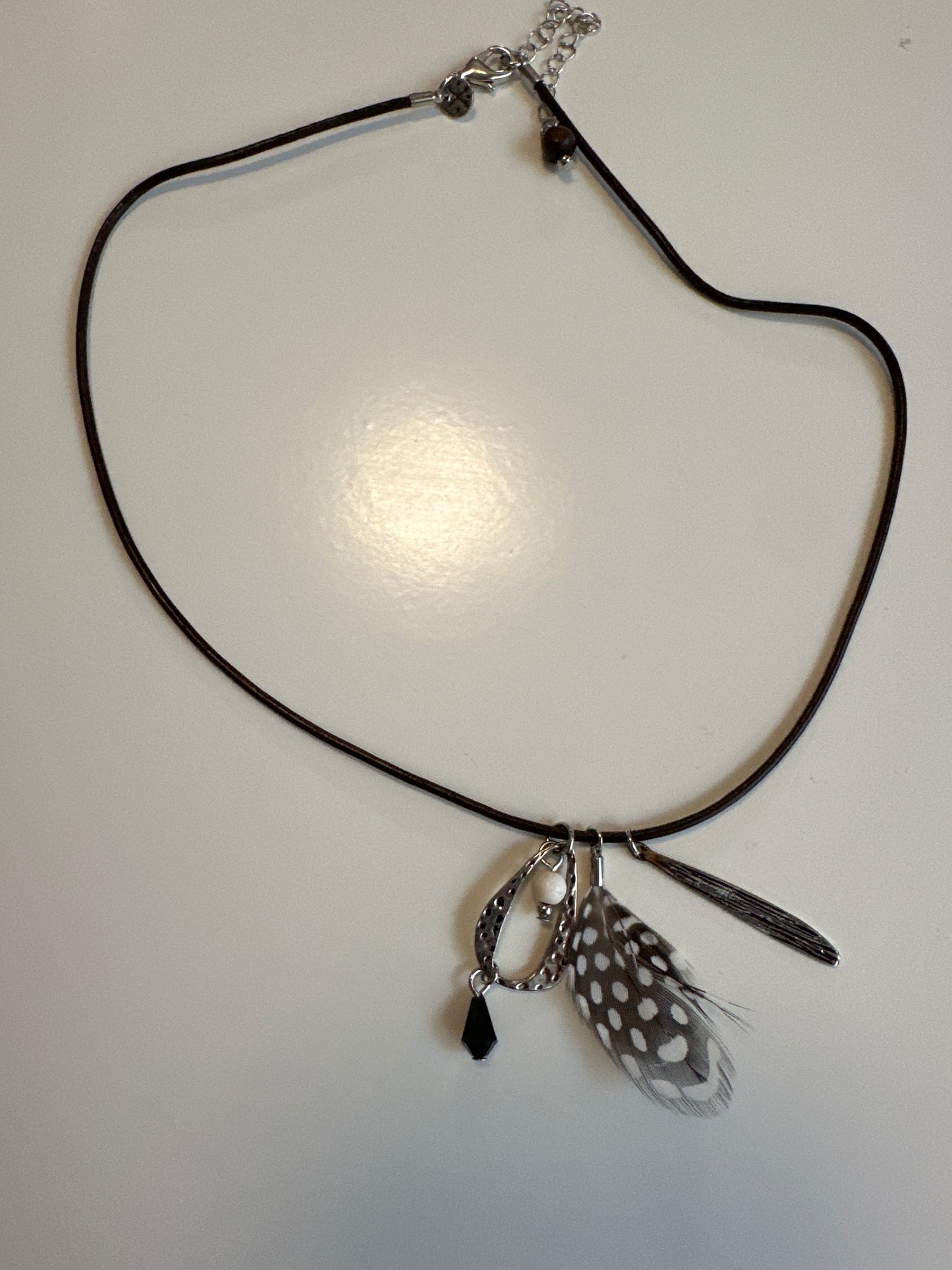 LAF 5 Brown Cord Choker with silver and feathers