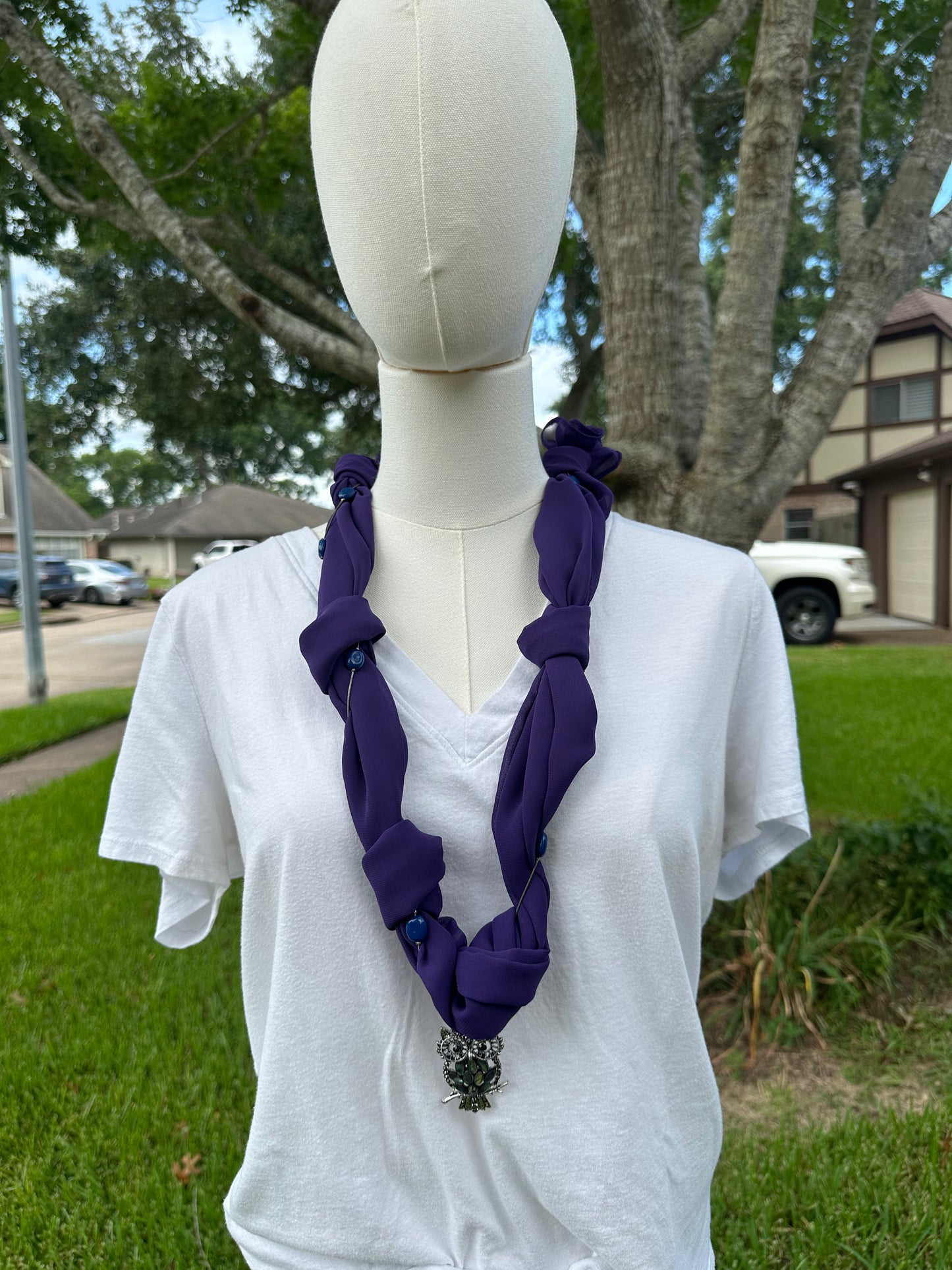 Purple and Blue Owl Scarf Necklace