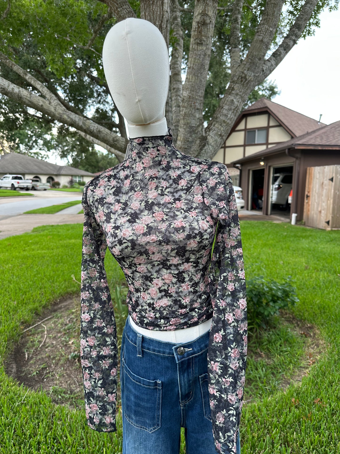 Celina Black Floral Mesh Top
