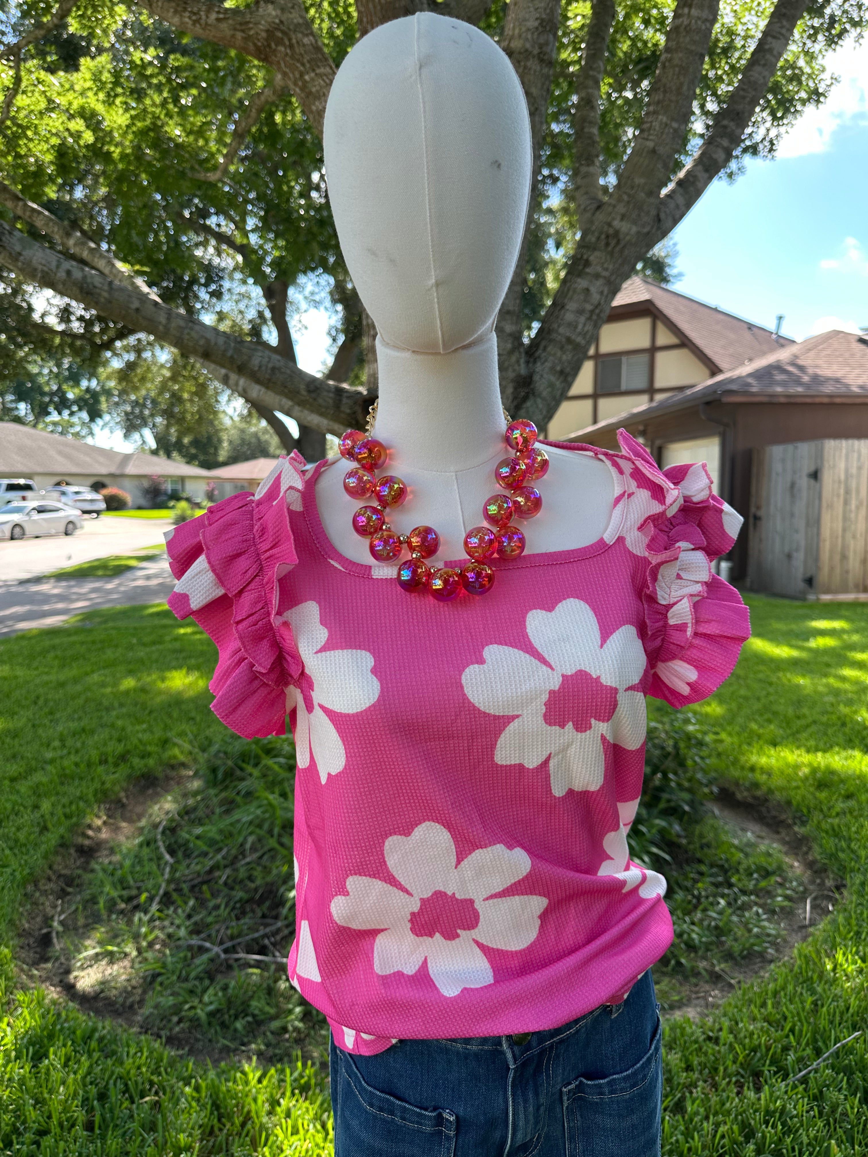 Vicki Flutter Sleeve Floral Knit Top – Lightweight Summer Pink