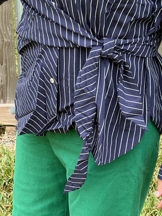Makenna Tie-Front Pinstripe Blouse – Classic Navy & White