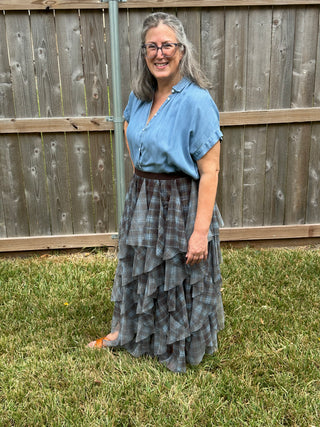 Wanda Plaid Mesh Maxi Skirt – Elegant Brown & Blue