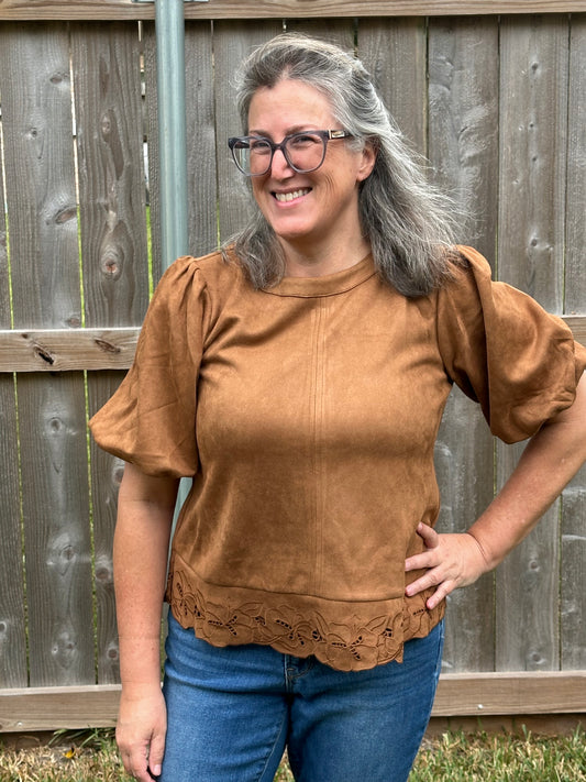 Caroline Laser-Cut Bubble Sleeve Microfiber Top - Chestnut