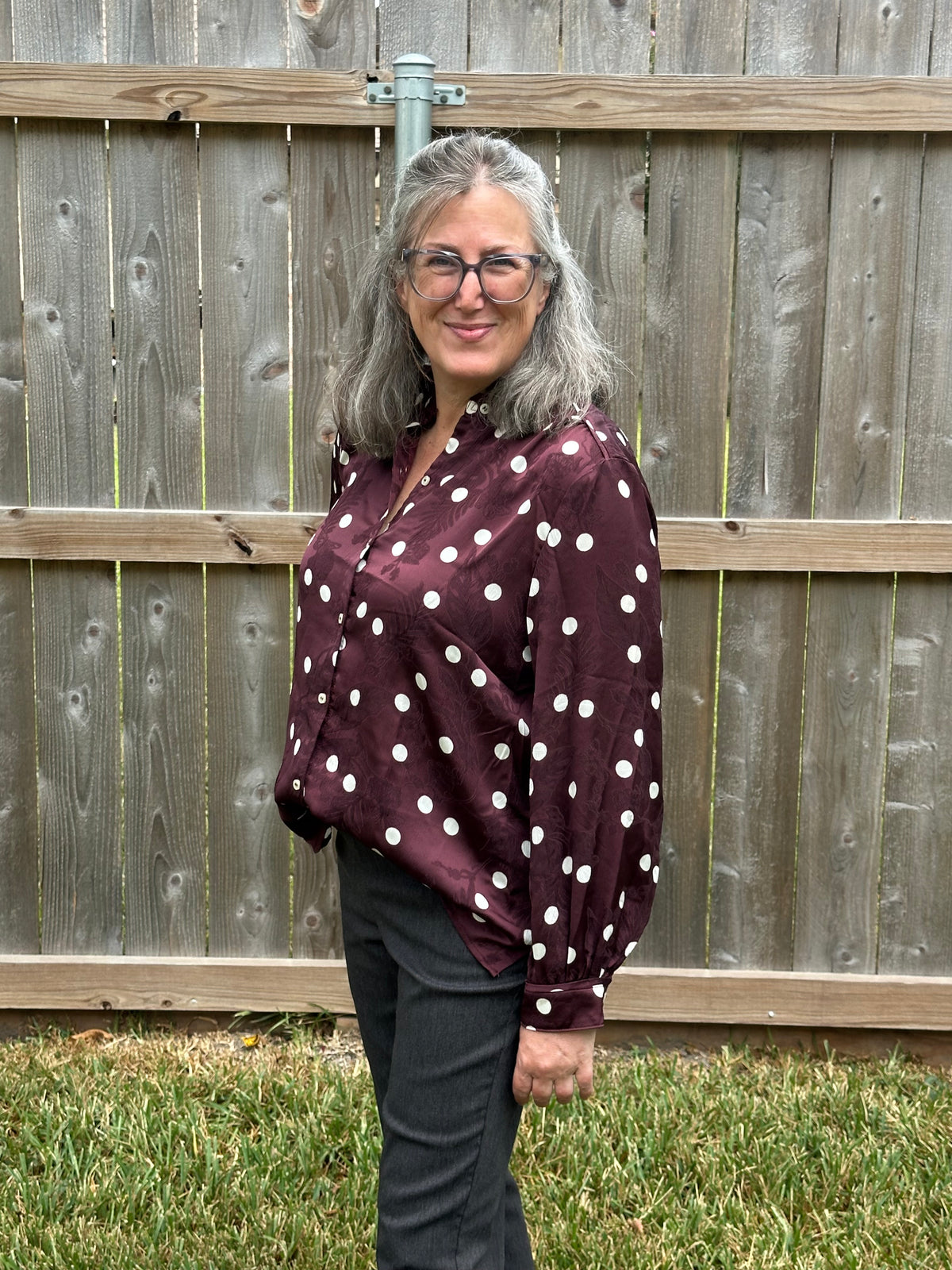 Shelia Jacquard Polka Dot Blouse in Rich Wine & Ivory