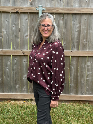 Shelia Jacquard Polka Dot Blouse in Rich Wine & Ivory