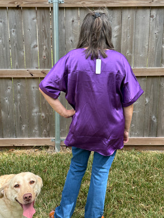 Mavis V-Neck Satin Short Sleeve Top – Elegant Purple Blouse