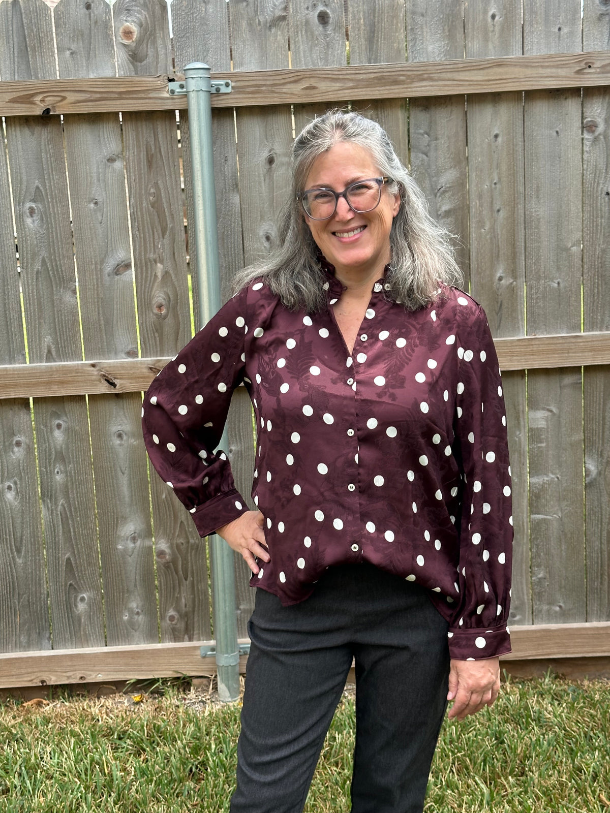 Shelia Jacquard Polka Dot Blouse in Rich Wine & Ivory