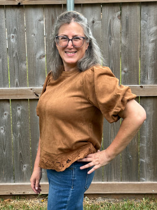Caroline Laser-Cut Bubble Sleeve Microfiber Top - Chestnut