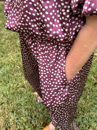 Nina Eggplant Polka Dot Elastic Waist Pants