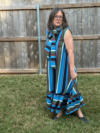 Olive & Blue Striped Sleeveless Bow Neck Dress