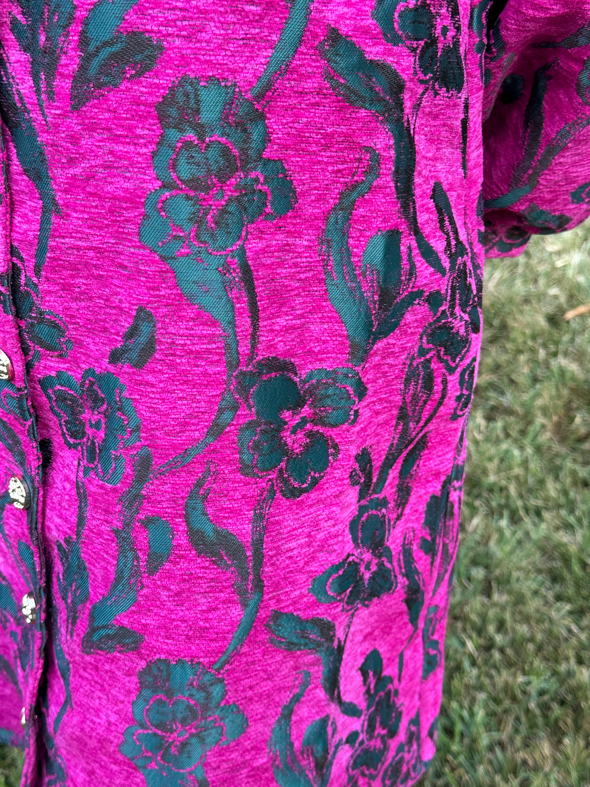 Edith Tapestry Floral Dress with Pockets – Green & Magenta