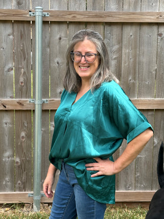 Alice Teal Satin Short Sleeve Blouse – Elegant Everyday Luxury