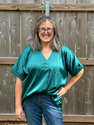 Alice Teal Satin Short Sleeve Blouse – Elegant Everyday Luxury