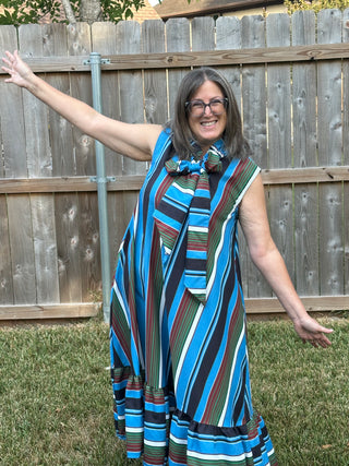 Olive & Blue Striped Sleeveless Bow Neck Dress