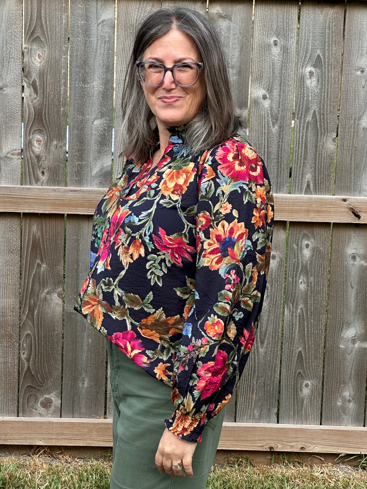 Vintage Autumn Floral Puff Sleeve Blouse