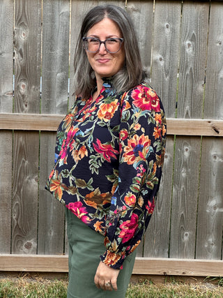 Vintage Autumn Floral Puff Sleeve Blouse
