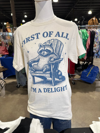 Person wearing a cream shirt with blue raccoon graphics and text