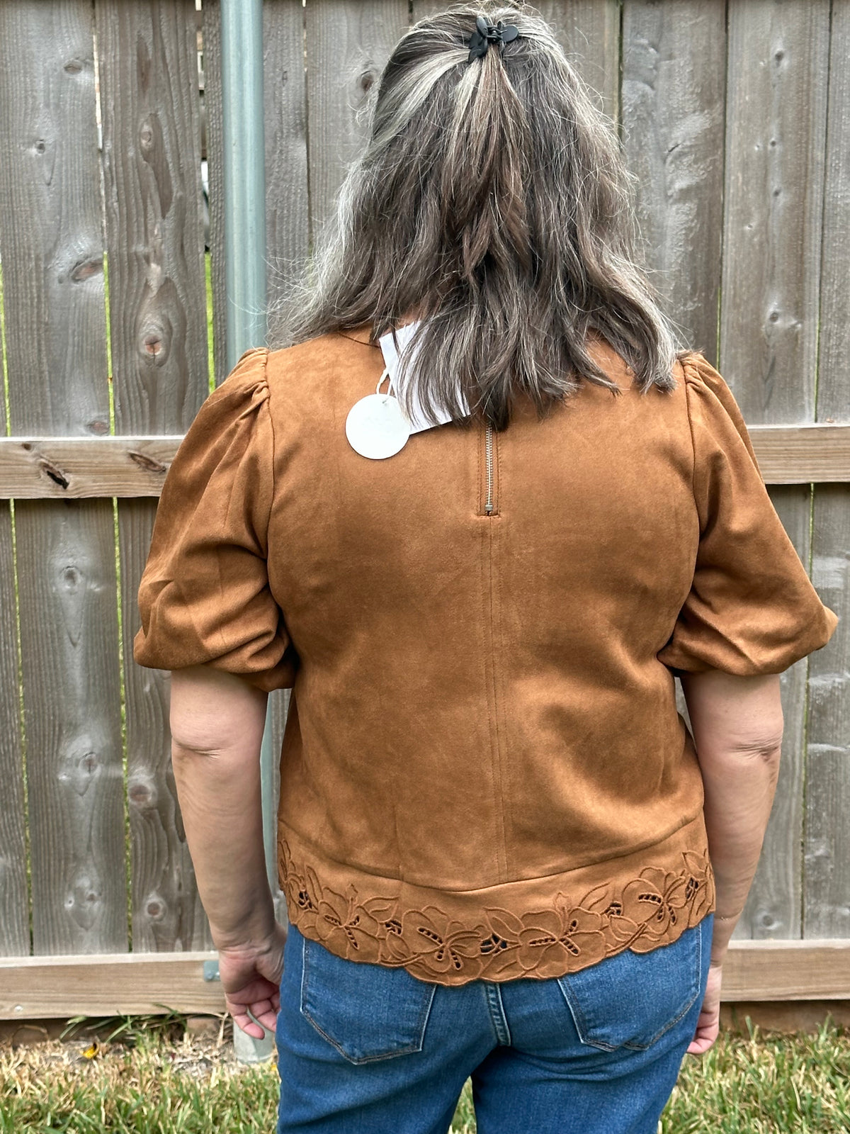 Caroline Laser-Cut Bubble Sleeve Microfiber Top - Chestnut