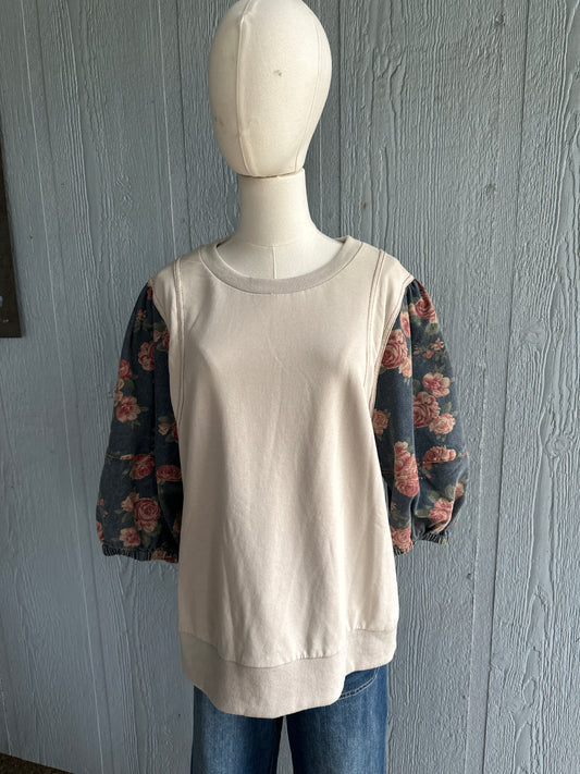 Georgette top with floral denim sleeves