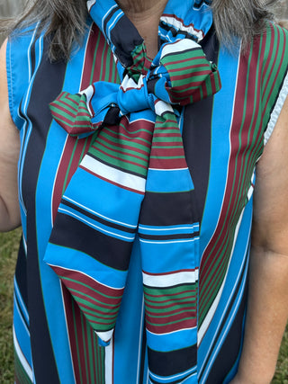 Olive & Blue Striped Sleeveless Bow Neck Dress