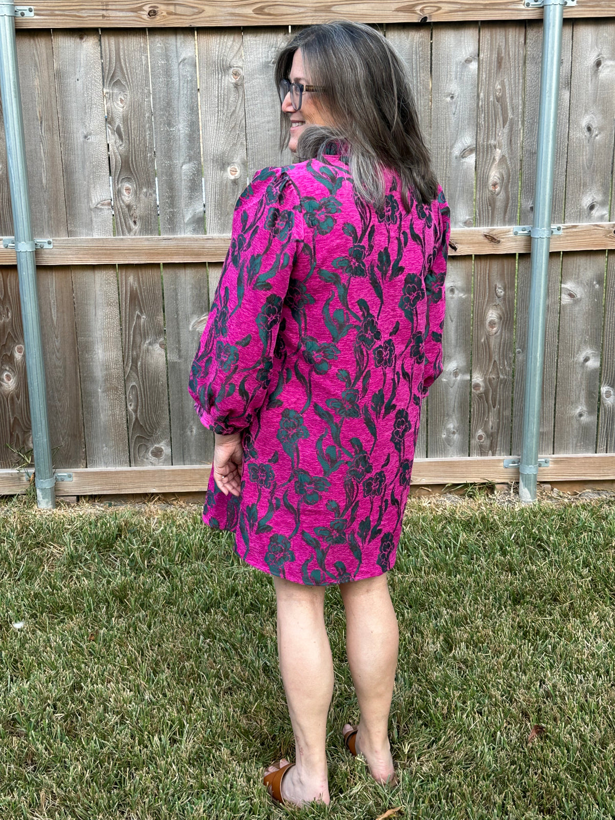 Edith Tapestry Floral Dress with Pockets – Green & Magenta