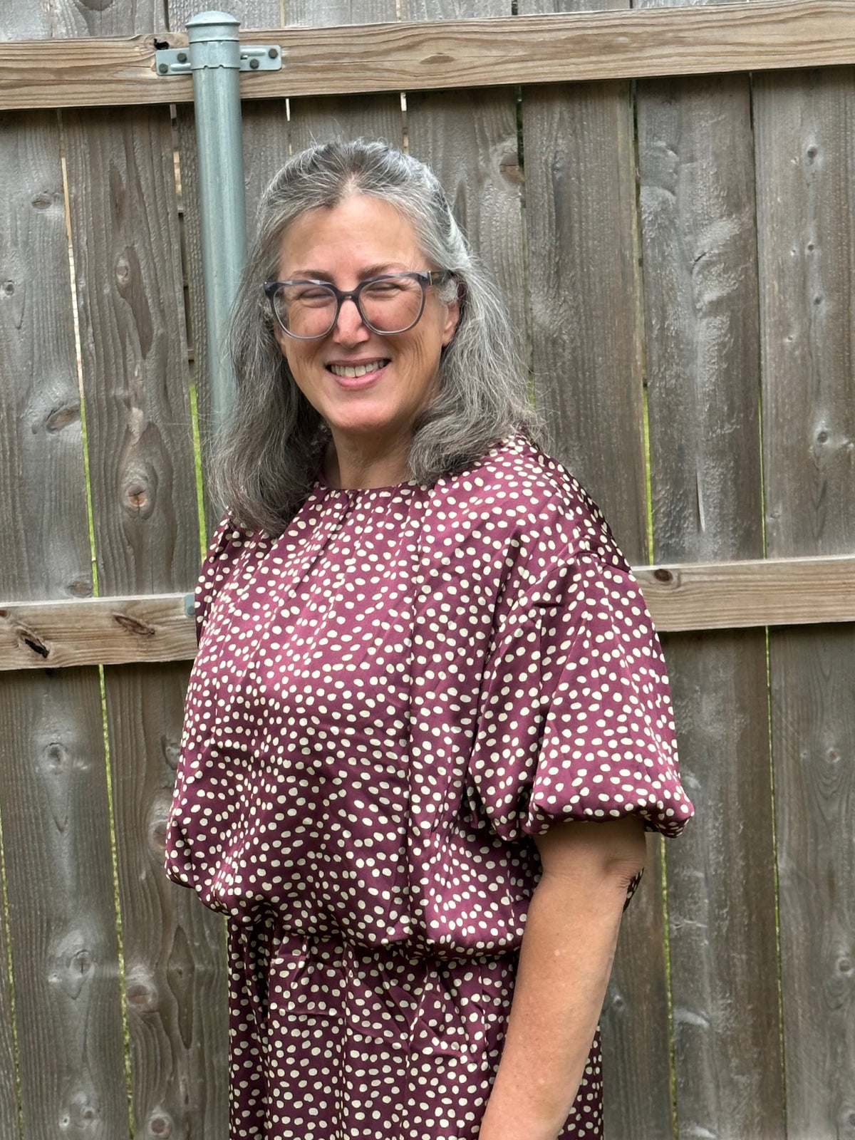 Lina Polka Dot Bubble Hem Top - Rich Eggplant