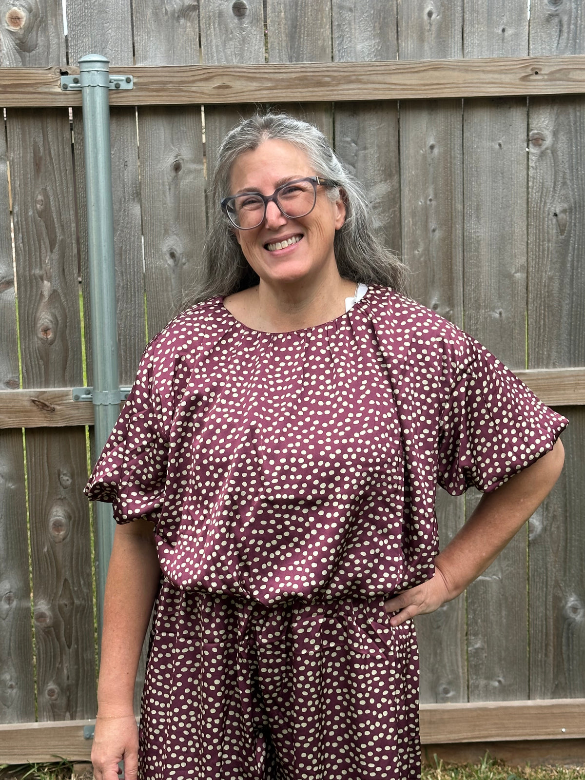 Lina Polka Dot Bubble Hem Top - Rich Eggplant