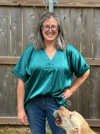 Alice Teal Satin Short Sleeve Blouse – Elegant Everyday Luxury