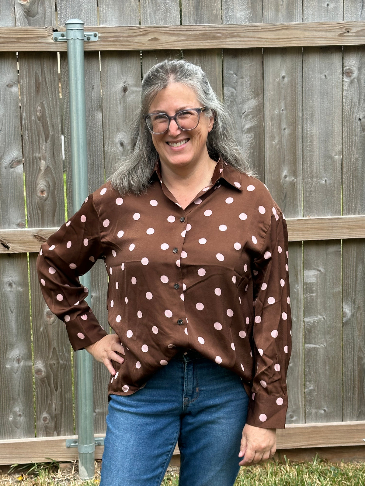 Susan Satin Polka Dot Blouse – Pink & Brown Button-Down