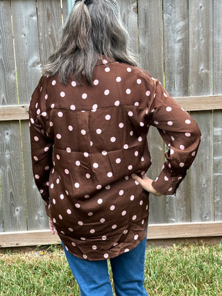 Susan Satin Polka Dot Blouse – Pink & Brown Button-Down