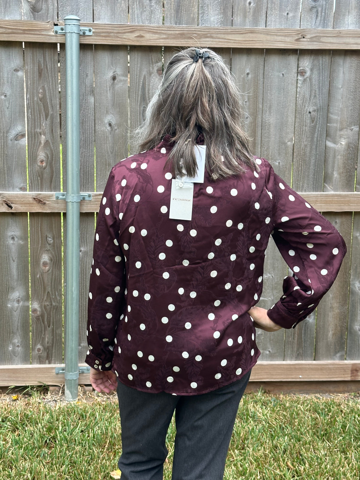 Shelia Jacquard Polka Dot Blouse in Rich Wine & Ivory