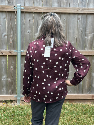 Shelia Jacquard Polka Dot Blouse in Rich Wine & Ivory
