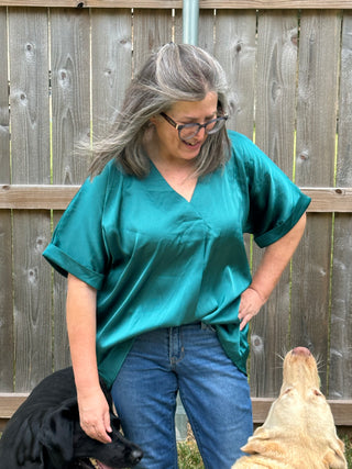 Alice Teal Satin Short Sleeve Blouse – Elegant Everyday Luxury