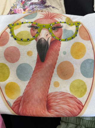 flamingo short sleeved graphic shirt with rhinestones