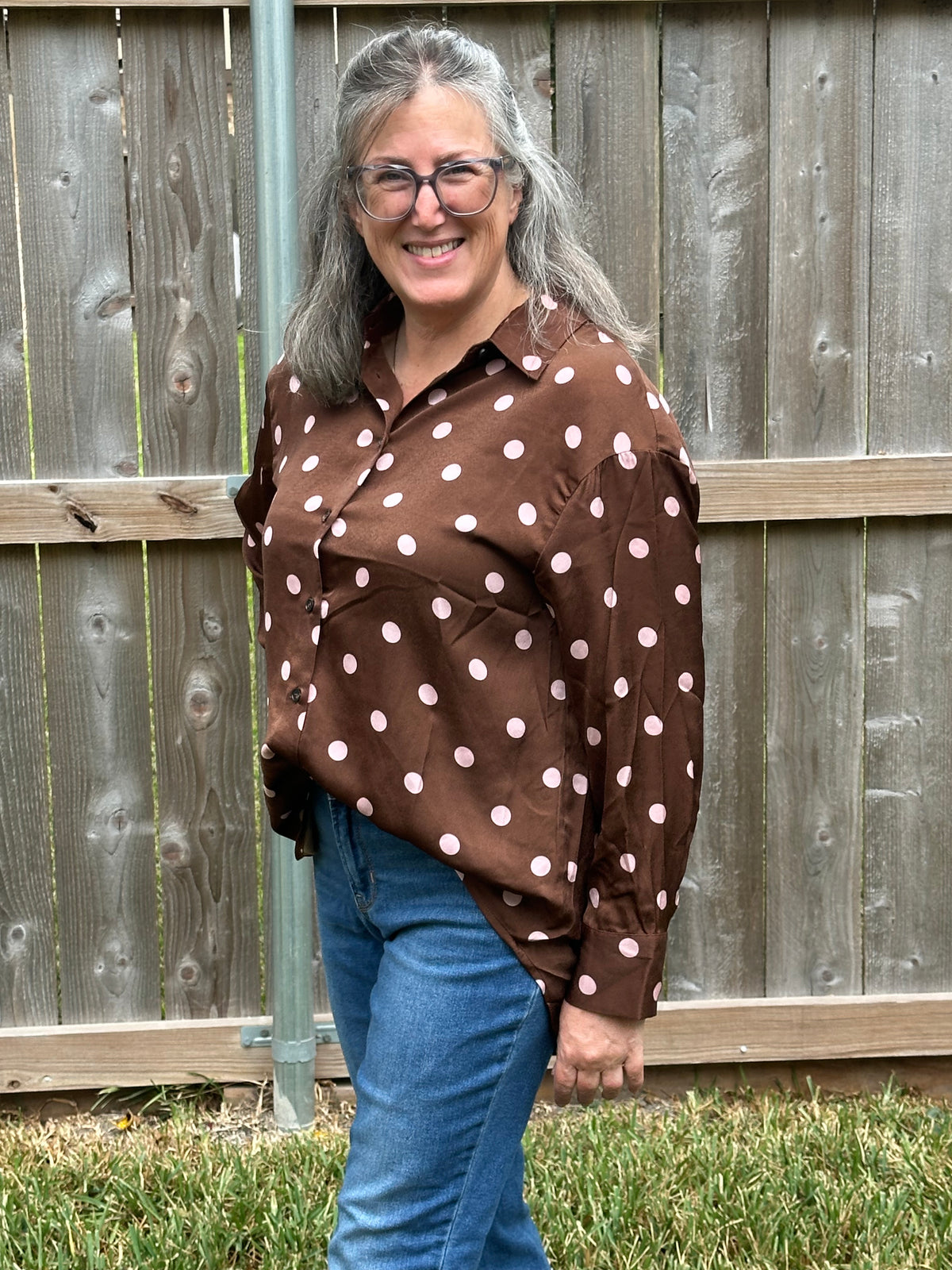 Susan Satin Polka Dot Blouse – Pink & Brown Button-Down