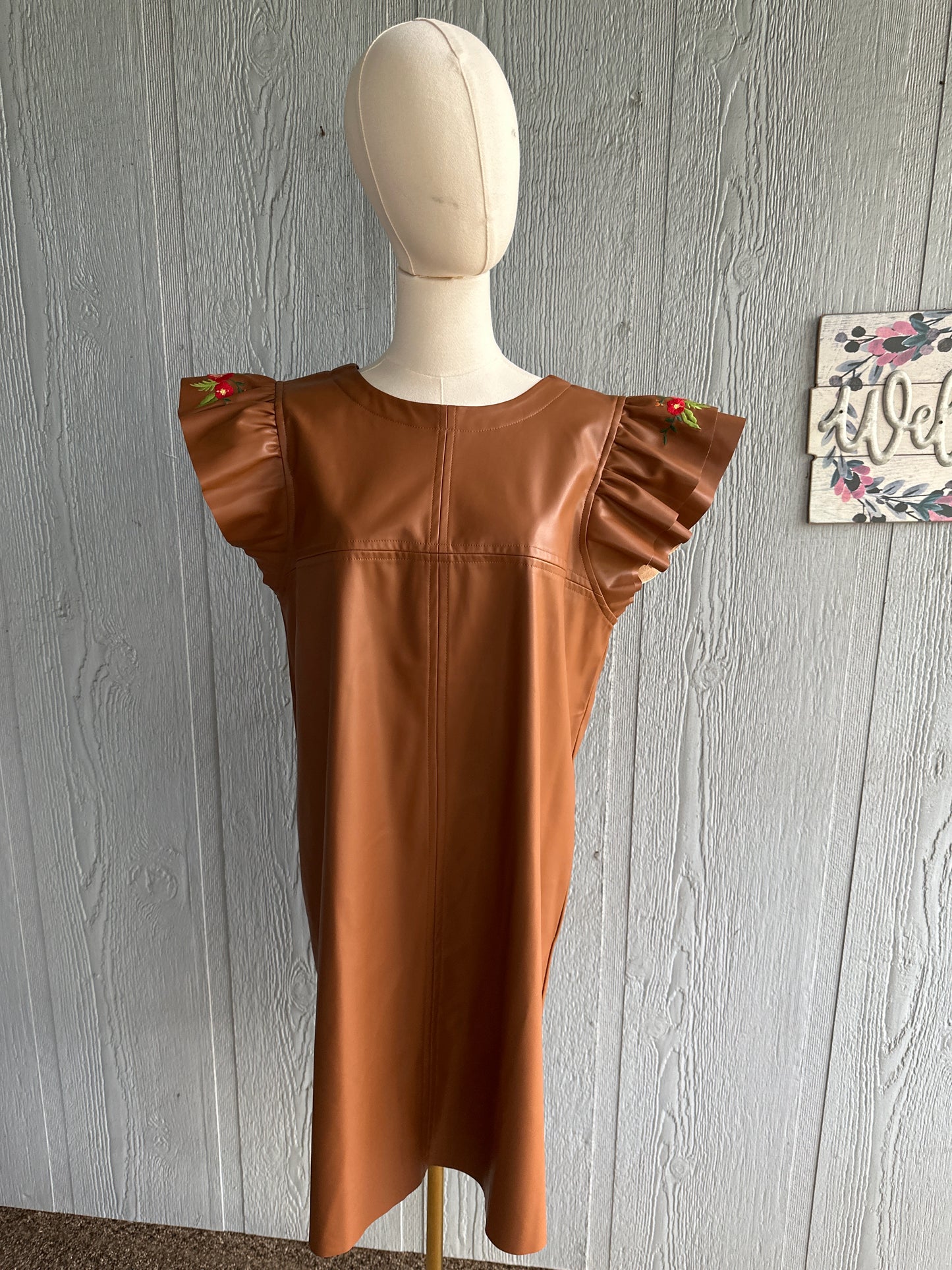 Karina Pleather Dress with Embroidery Sleeves