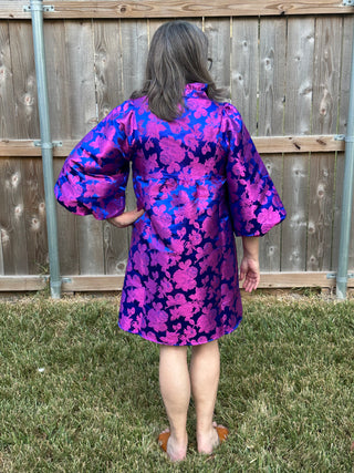 Clothilde Royal Blue Floral Embroidered Holiday Dress with Pockets