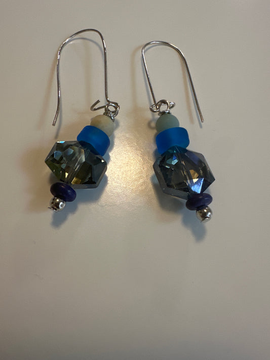 LAF 14 Silver Fish Hook Earrings with Blue Beads