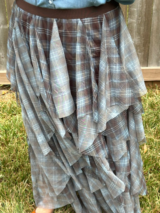 Wanda Plaid Mesh Maxi Skirt – Elegant Brown & Blue