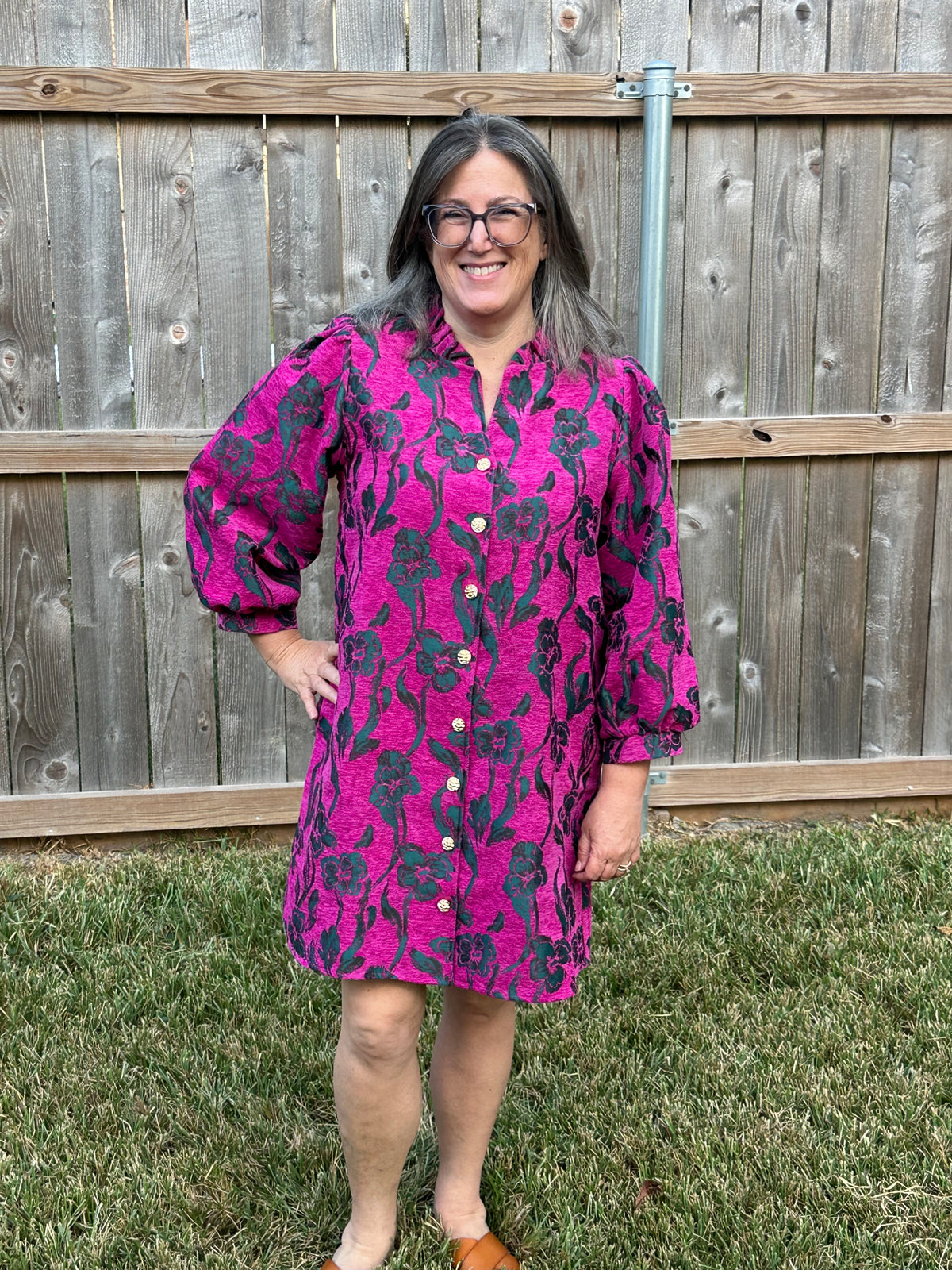 Edith Tapestry Floral Dress with Pockets – Green & Magenta