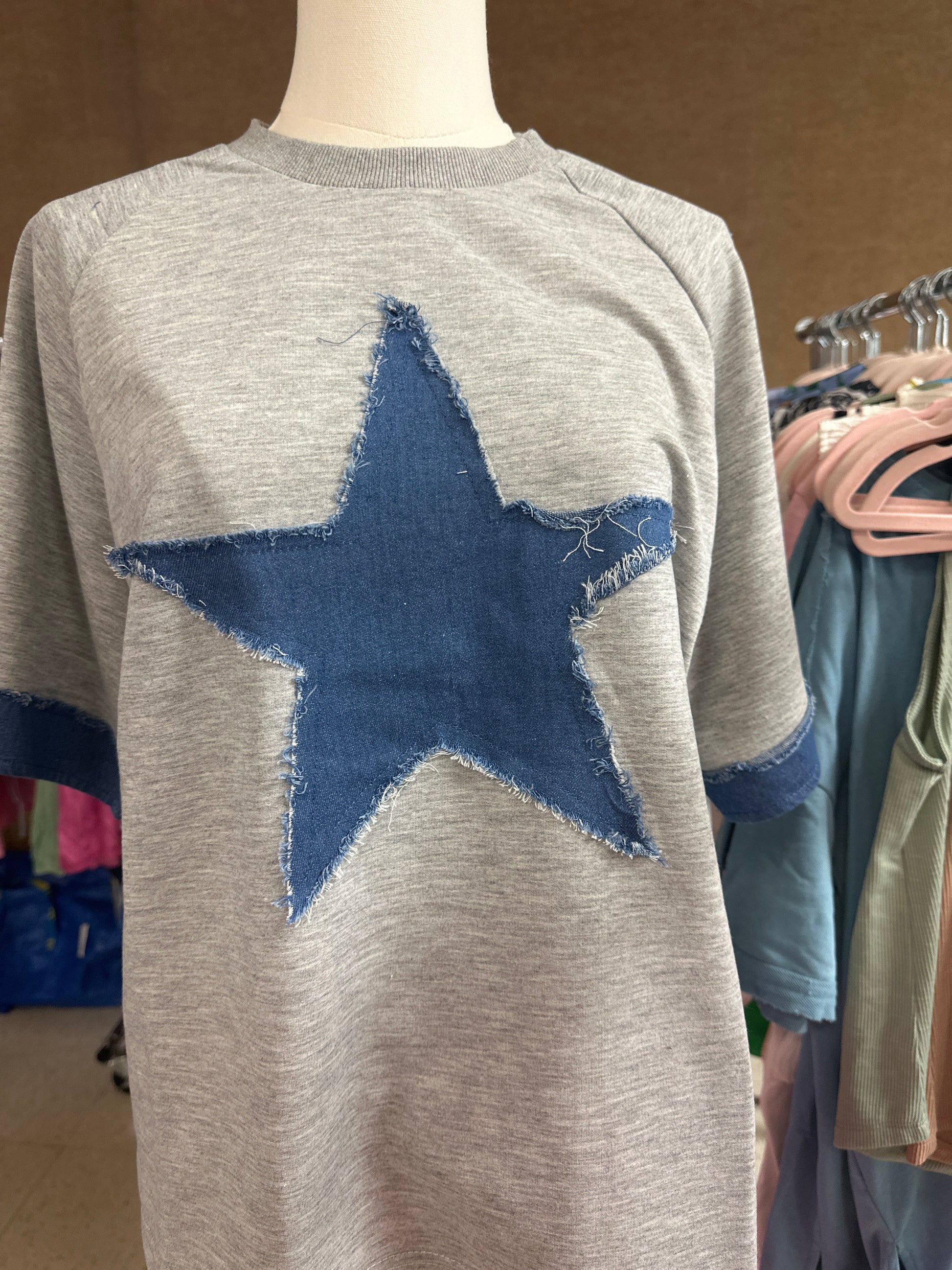 Gray sweatshirt with a blue star patch on a mannequin against a brown background
