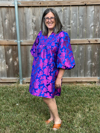 Clothilde Royal Blue Floral Embroidered Holiday Dress with Pockets
