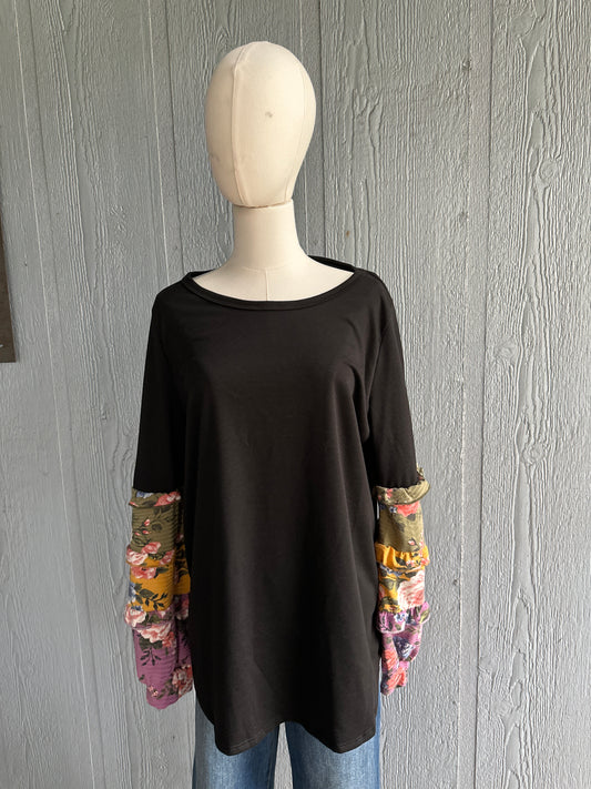 Marybeth black top with patchwork sleeves