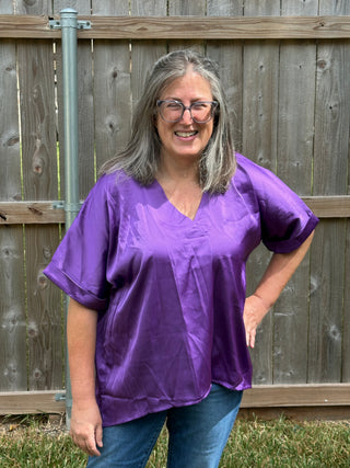 Mavis V-Neck Satin Short Sleeve Top – Elegant Purple Blouse