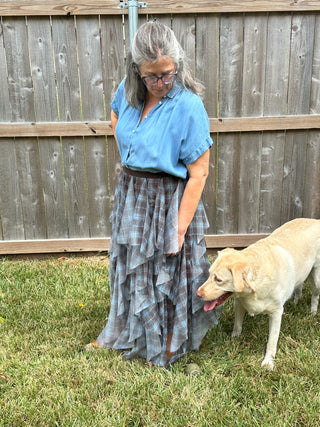Wanda Plaid Mesh Maxi Skirt – Elegant Brown & Blue