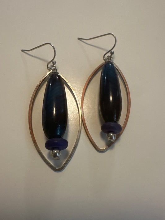 LAF 17 Oblong Silver Earrings with Navy Beads
