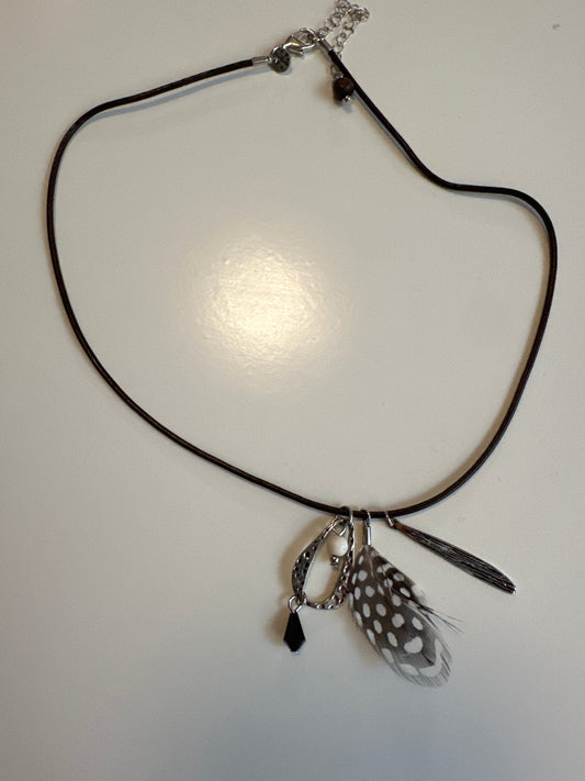 LAF 5 Brown Cord Choker with silver and feathers