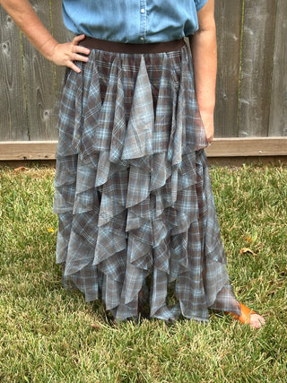 Wanda Plaid Mesh Maxi Skirt – Elegant Brown & Blue