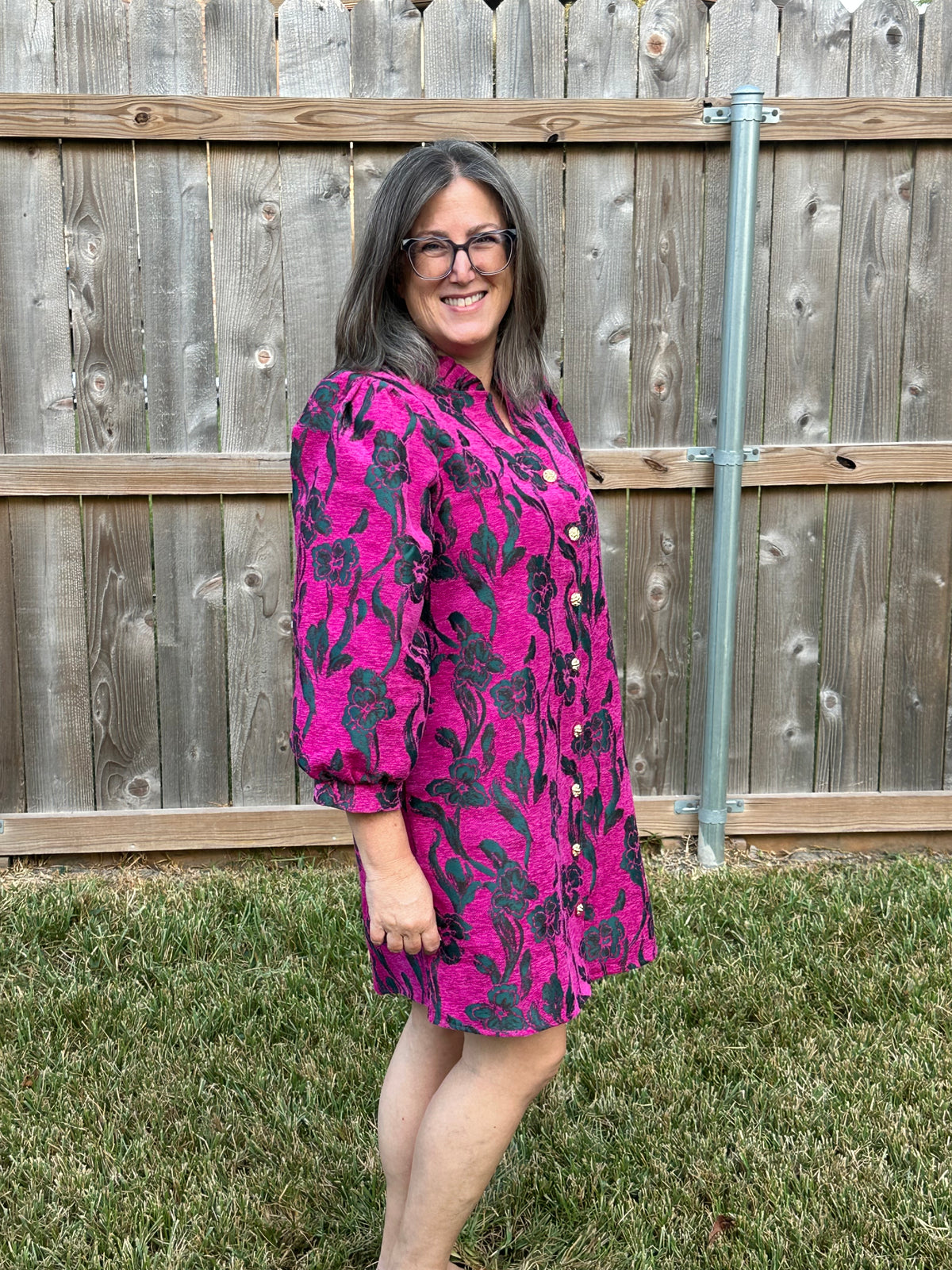 Edith Tapestry Floral Dress with Pockets – Green & Magenta