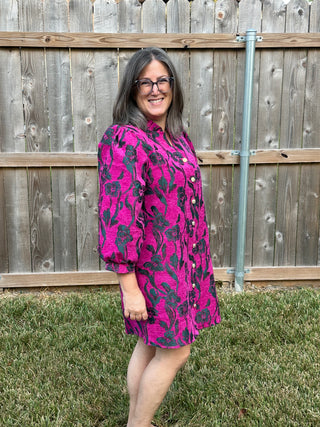 Edith Tapestry Floral Dress with Pockets – Green & Magenta